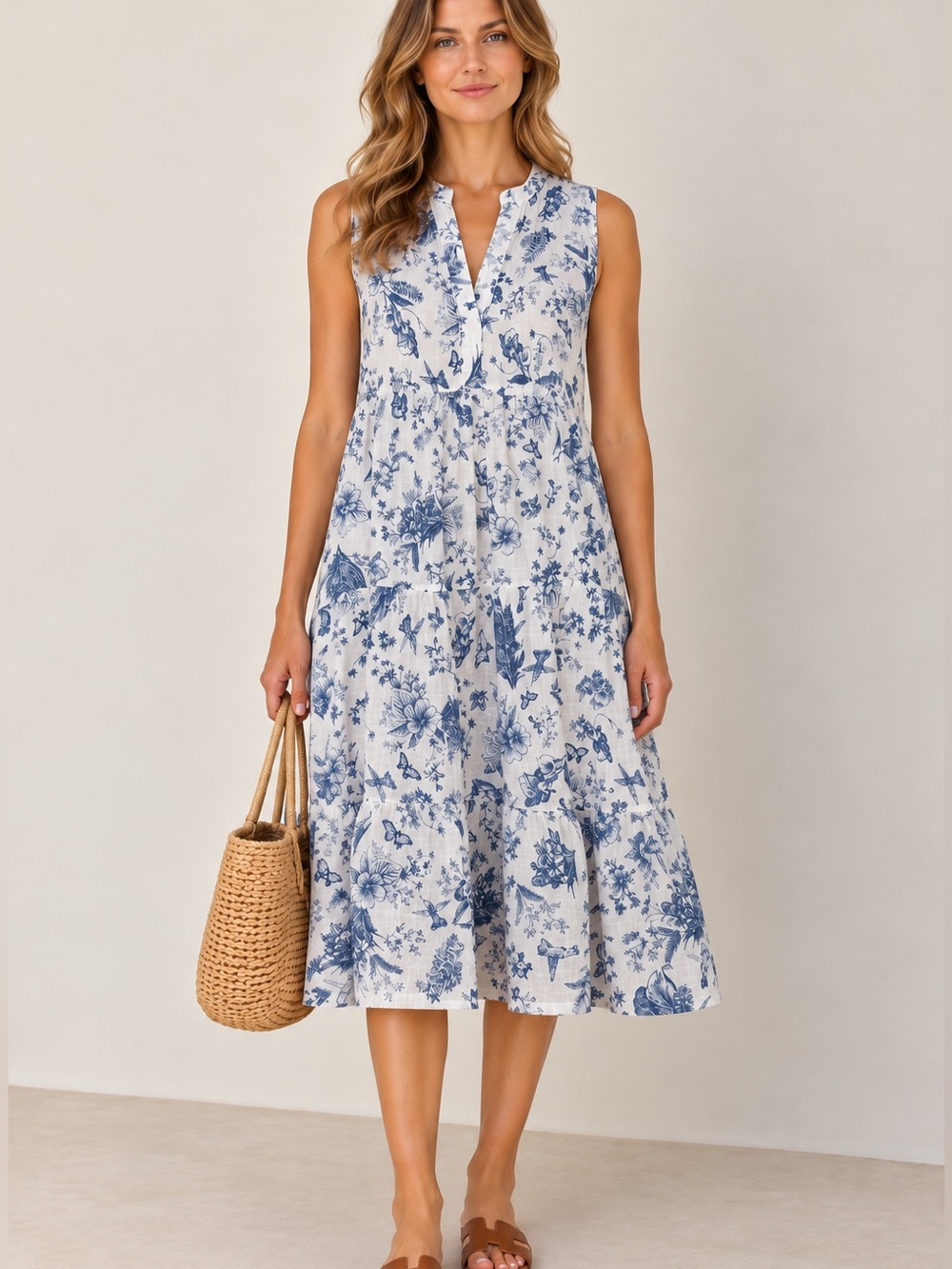 Rosemarine Italy 100% Linen Blue White Floral Bird Midi Dress Size M